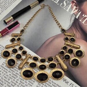 Vintage Glam Black & Gold Tone Bib Statement Necklace